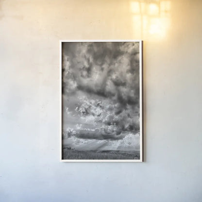 Rolling Pasture Rays by Nathan Larson. shown as a paper print in a white frame. Available as a archival giclee rolled canvas, fine art paper, or poster print. SKU 71166h.