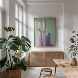 Saguaro Green Pastel by Nathan Larson. shown as a print in a natural wood frame in a dining room. Available as a archival giclee rolled canvas, fine art paper, or poster print. SKU 97577h.