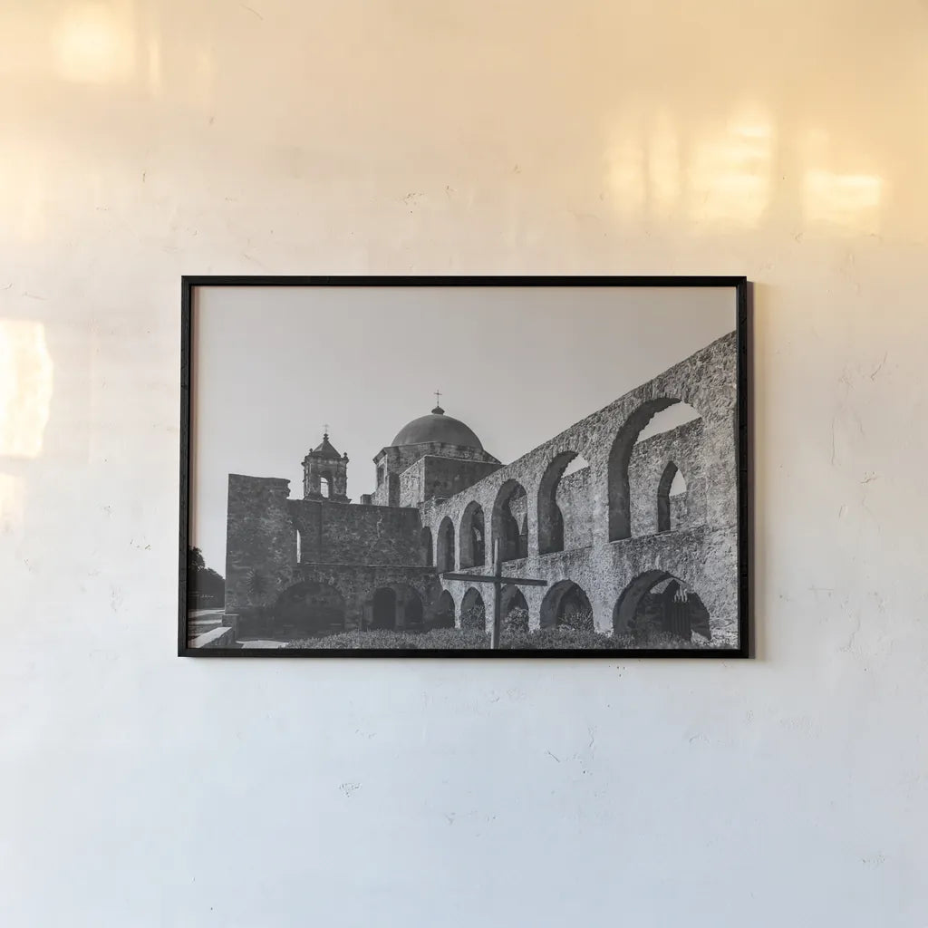 San Antonio Mission I by Nathan Larson. shown as a paper print in a black flame. Available as a archival giclee rolled canvas, fine art paper, or poster print. SKU 102780i.