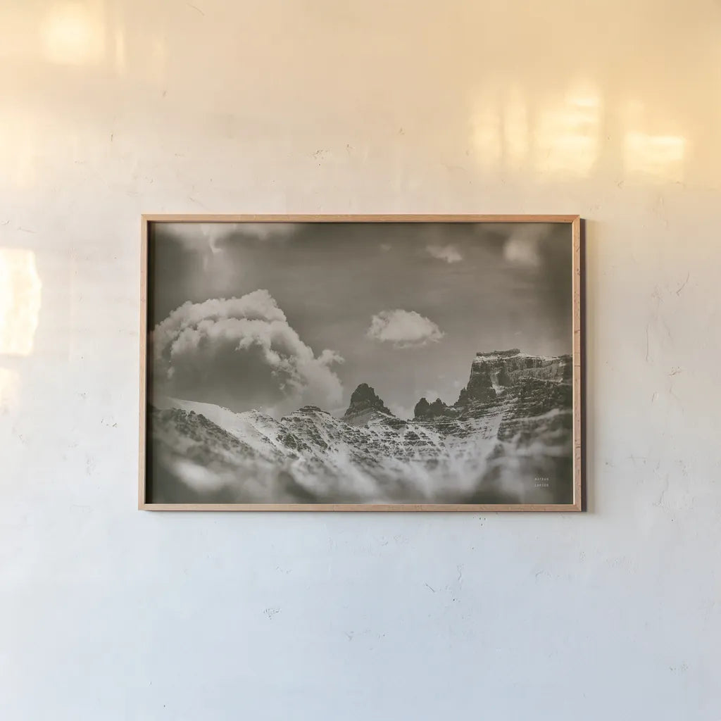 Sepia Peaks by Nathan Larson. shown as a paper print in a natural frame. Available as a archival giclee rolled canvas, fine art paper, or poster print. SKU 81191i.