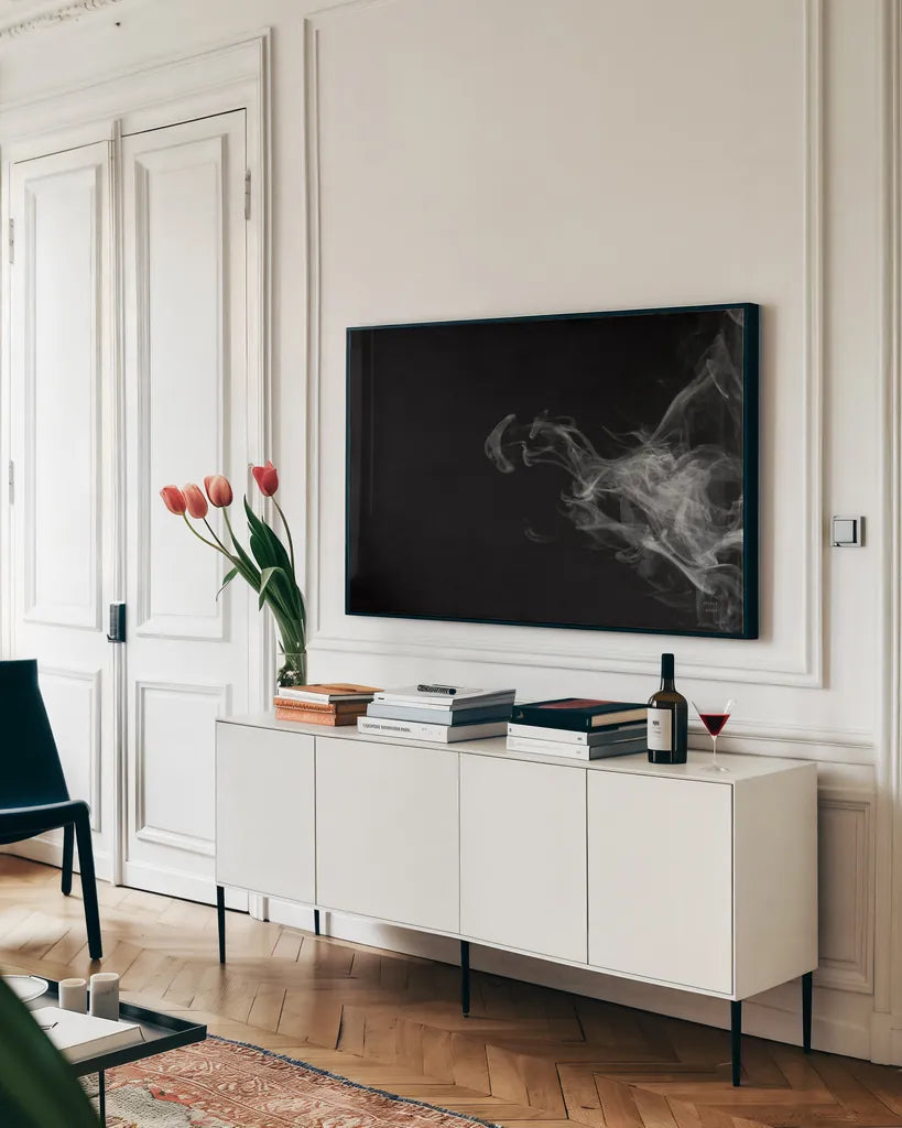 Smoke I by Nathan Larson. shown as a framed stretched canvas in a living room above a console. Available as a archival giclee rolled canvas, fine art paper, or poster print. SKU 77335i.