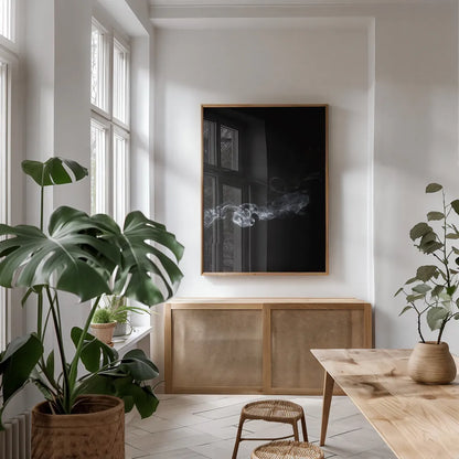 Smoke II by Nathan Larson. shown as a print in a natural wood frame in a dining room. Available as a archival giclee rolled canvas, fine art paper, or poster print. SKU 77336h.