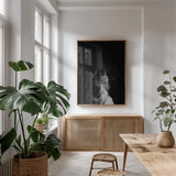 Smoke IV by Nathan Larson. shown as a print in a natural wood frame in a dining room. Available as a archival giclee rolled canvas, fine art paper, or poster print. SKU 77338h.