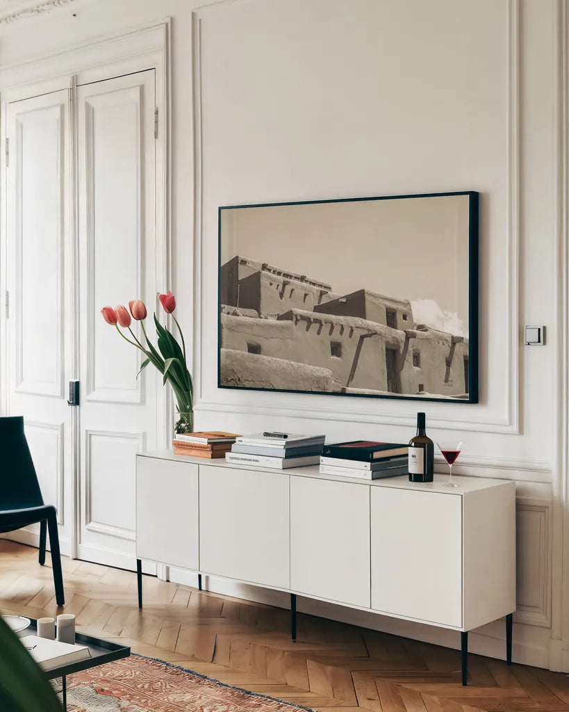 Southwest Adobe by Nathan Larson. shown as a framed stretched canvas in a living room above a console. Available as a archival giclee rolled canvas, fine art paper, or poster print. SKU 77274i.