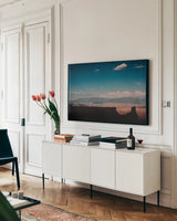 Southwest Layers by Nathan Larson. shown as a framed stretched canvas in a living room above a console. Available as a archival giclee rolled canvas, fine art paper, or poster print. SKU 83979i.