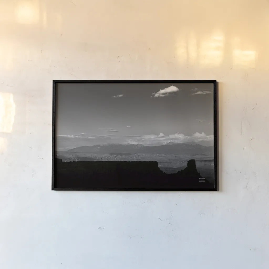 Southwest Layers BW by Nathan Larson. shown as a paper print in a black flame. Available as a archival giclee rolled canvas, fine art paper, or poster print. SKU 83980i.