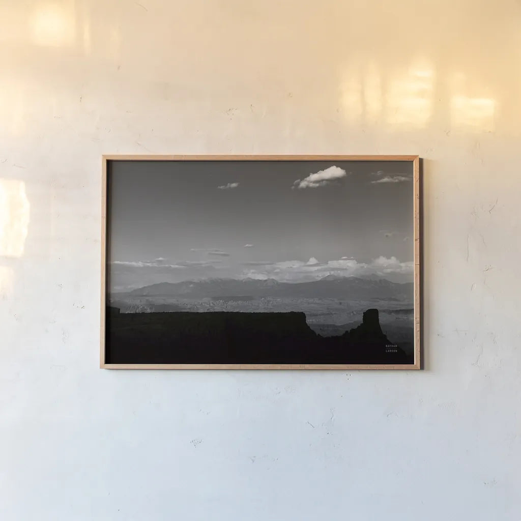 Southwest Layers BW by Nathan Larson. shown as a paper print in a natural frame. Available as a archival giclee rolled canvas, fine art paper, or poster print. SKU 83980i.