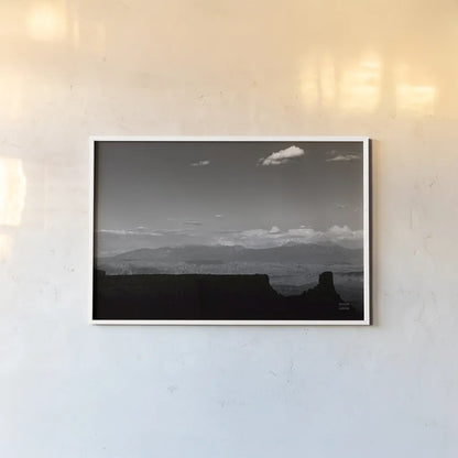 Southwest Layers BW by Nathan Larson. shown as a paper print in a white frame. Available as a archival giclee rolled canvas, fine art paper, or poster print. SKU 83980i.