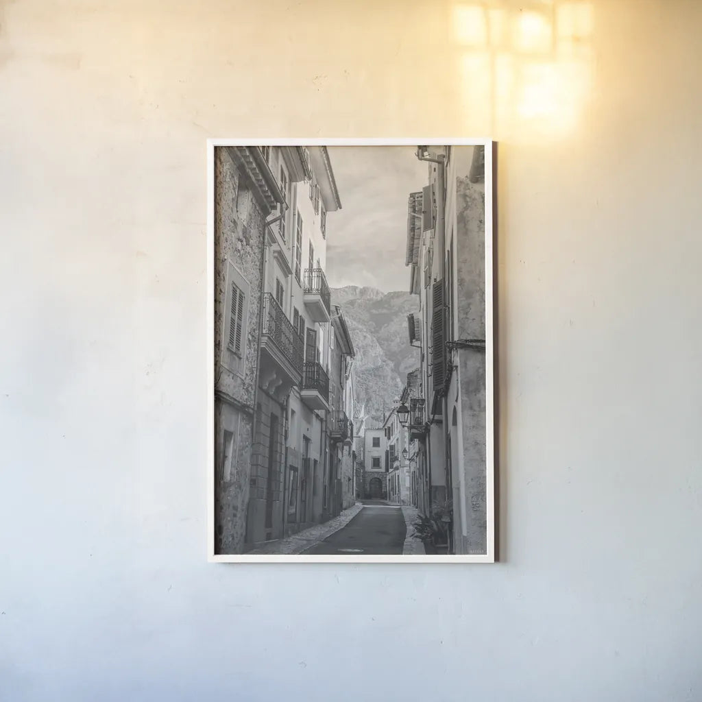 Spanish Islands BW by Nathan Larson. shown as a paper print in a white frame. Available as a archival giclee rolled canvas, fine art paper, or poster print. SKU 90382h.