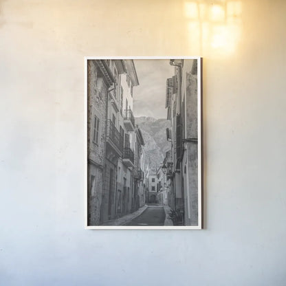 Spanish Islands BW by Nathan Larson. shown as a paper print in a white frame. Available as a archival giclee rolled canvas, fine art paper, or poster print. SKU 90382h.
