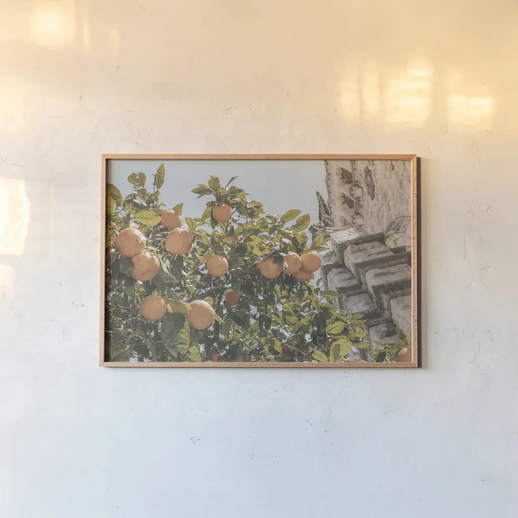 Spanish Islands Oranges by Nathan Larson. shown as a paper print in a natural frame. Available as a archival giclee rolled canvas, fine art paper, or poster print. SKU 85804i.