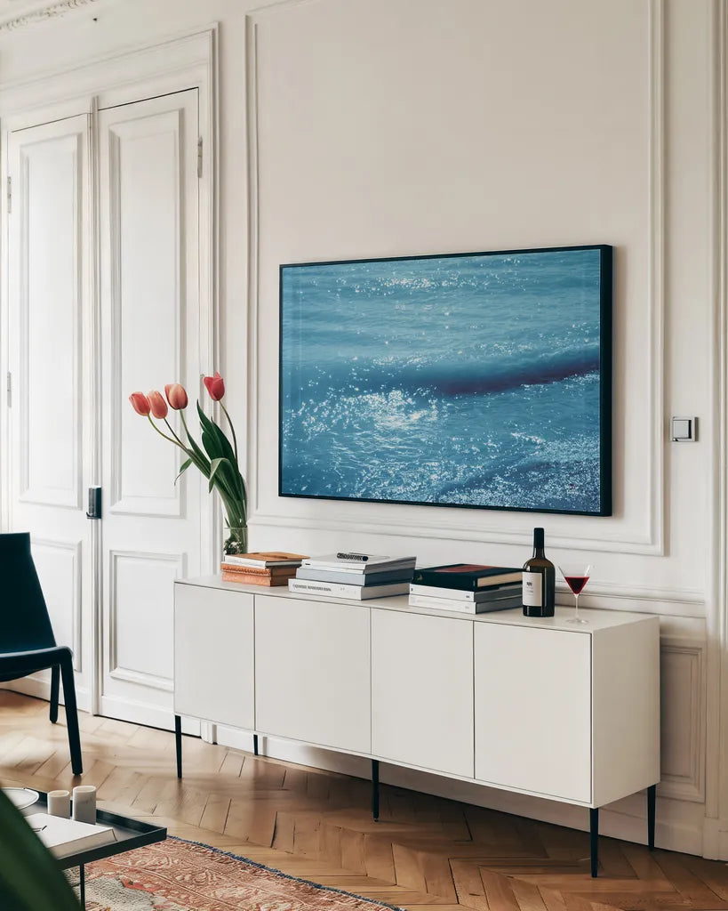 Sparkling Waters I by Nathan Larson. shown as a framed stretched canvas in a living room above a console. Available as a archival giclee rolled canvas, fine art paper, or poster print. SKU 79430i.