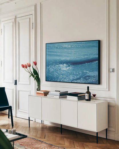 Sparkling Waters I by Nathan Larson. shown as a framed stretched canvas in a living room above a console. Available as a archival giclee rolled canvas, fine art paper, or poster print. SKU 79430i.