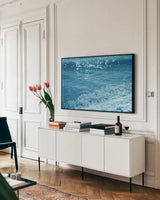 Sparkling Waters II by Nathan Larson. shown as a framed stretched canvas in a living room above a console. Available as a archival giclee rolled canvas, fine art paper, or poster print. SKU 79431i.
