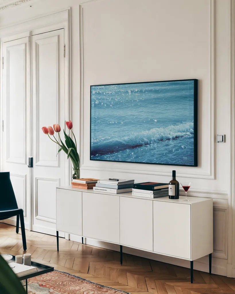 Sparkling Waters III by Nathan Larson. shown as a framed stretched canvas in a living room above a console. Available as a archival giclee rolled canvas, fine art paper, or poster print. SKU 79432i.
