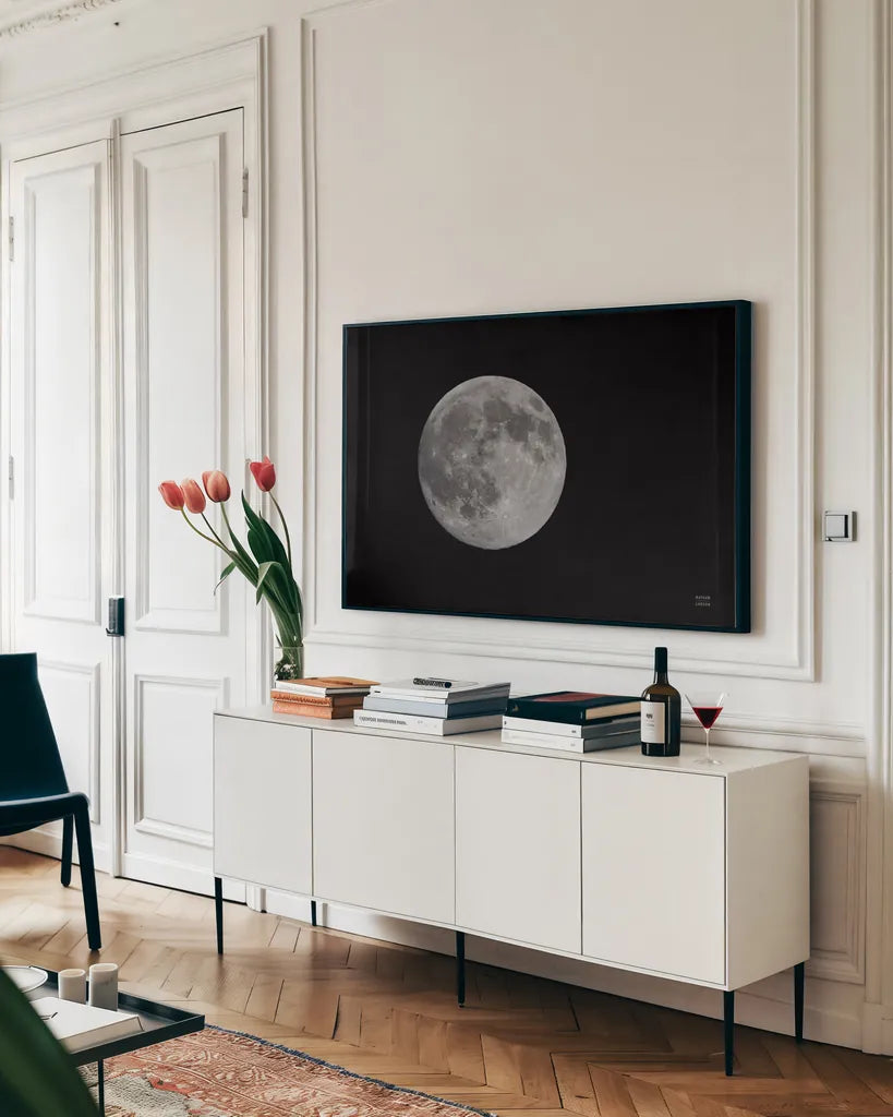Spring Moon by Nathan Larson. shown as a framed stretched canvas in a living room above a console. Available as a archival giclee rolled canvas, fine art paper, or poster print. SKU 79405i.
