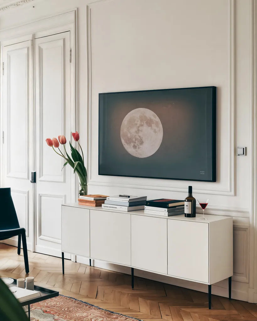 Spring Moon Tones by Nathan Larson. shown as a framed stretched canvas in a living room above a console. Available as a archival giclee rolled canvas, fine art paper, or poster print. SKU 79406i.