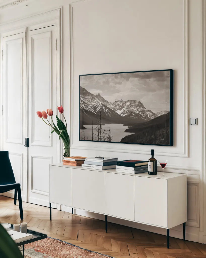 Spring Range by Nathan Larson. shown as a framed stretched canvas in a living room above a console. Available as a archival giclee rolled canvas, fine art paper, or poster print. SKU 82415i.