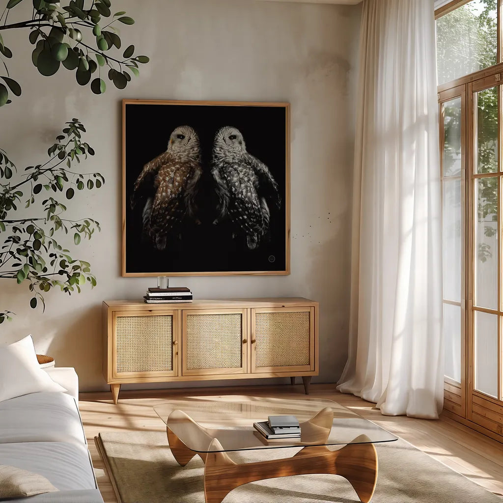 Still a Life by Nathan Larson. Shown in a natural wood frame in a cozy modern living room. Available as an archival giclee rolled canvas, fine art paper, or poster print. SKU 74414a.