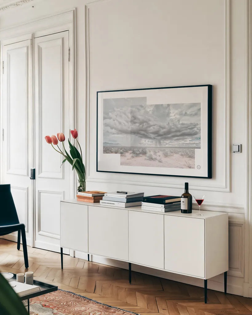 Storm Collage by Nathan Larson. shown as a framed stretched canvas in a living room above a console. Available as a archival giclee rolled canvas, fine art paper, or poster print. SKU 72701i.