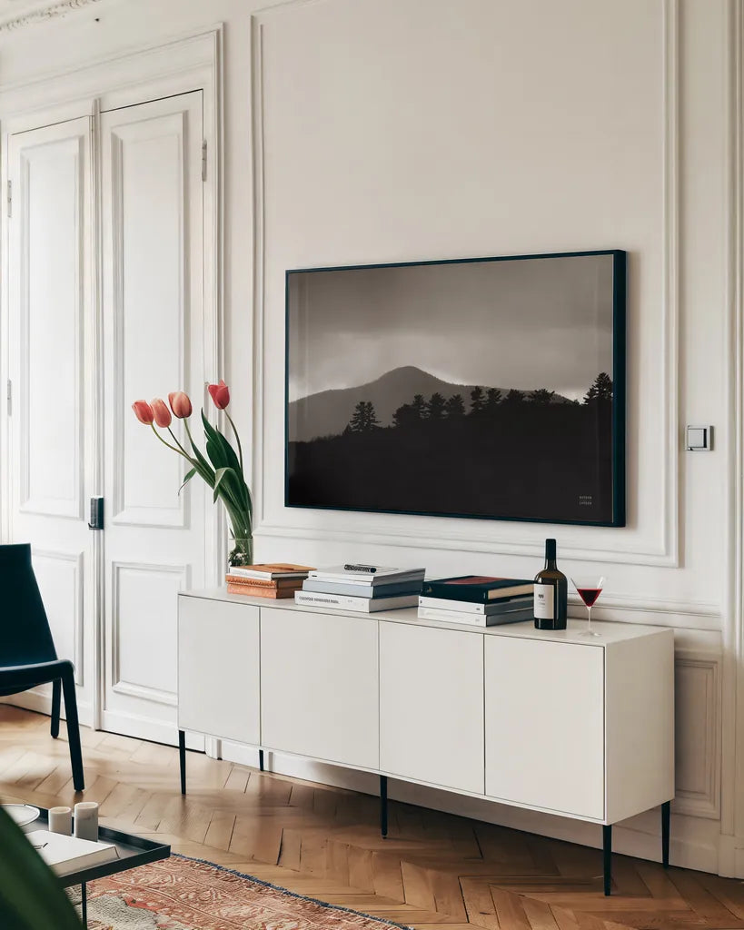 Storm Layers by Nathan Larson. shown as a framed stretched canvas in a living room above a console. Available as a archival giclee rolled canvas, fine art paper, or poster print. SKU 79108i.