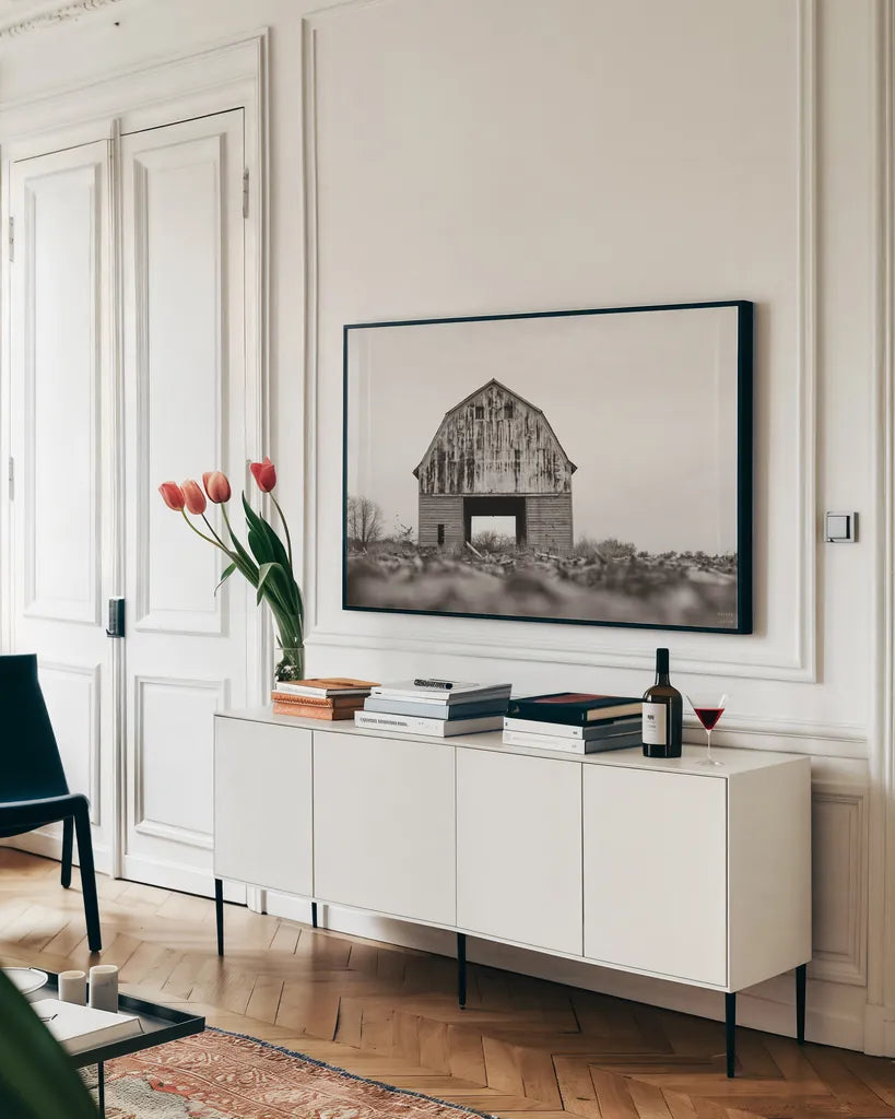 Stormy Midwest Spring by Nathan Larson. shown as a framed stretched canvas in a living room above a console. Available as a archival giclee rolled canvas, fine art paper, or poster print. SKU 98509i.