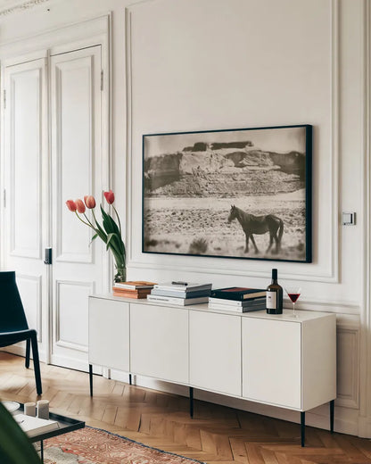 Summer Range by Nathan Larson. shown as a framed stretched canvas in a living room above a console. Available as a archival giclee rolled canvas, fine art paper, or poster print. SKU 87105i.