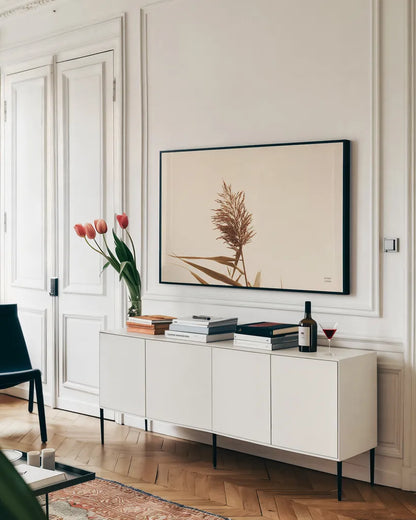 Summer Reeds I by Nathan Larson. shown as a framed stretched canvas in a living room above a console. Available as a archival giclee rolled canvas, fine art paper, or poster print. SKU 76204i.