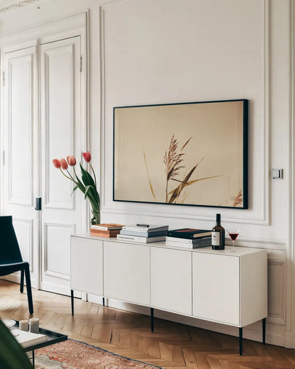 Summer Reeds II by Nathan Larson. shown as a framed stretched canvas in a living room above a console. Available as a archival giclee rolled canvas, fine art paper, or poster print. SKU 76205i.