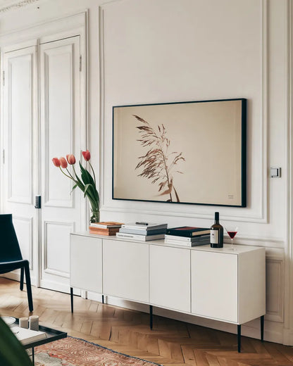 Summer Reeds III by Nathan Larson. shown as a framed stretched canvas in a living room above a console. Available as a archival giclee rolled canvas, fine art paper, or poster print. SKU 76206i.