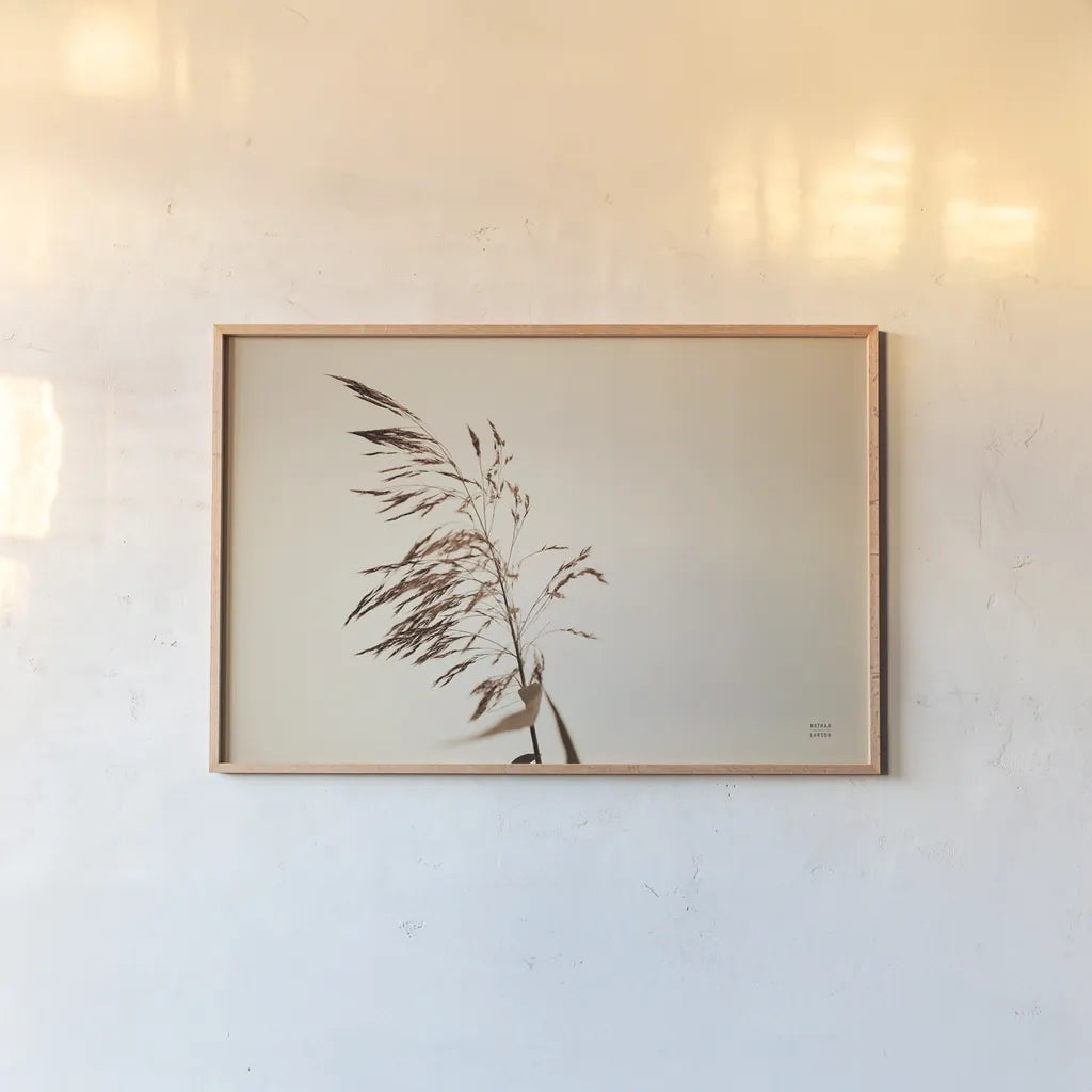 Summer Reeds III by Nathan Larson. shown as a paper print in a natural frame. Available as a archival giclee rolled canvas, fine art paper, or poster print. SKU 76206i.