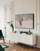 Sunny Field I by Nathan Larson. shown as a framed stretched canvas in a living room above a console. Available as a archival giclee rolled canvas, fine art paper, or poster print. SKU 97356i.