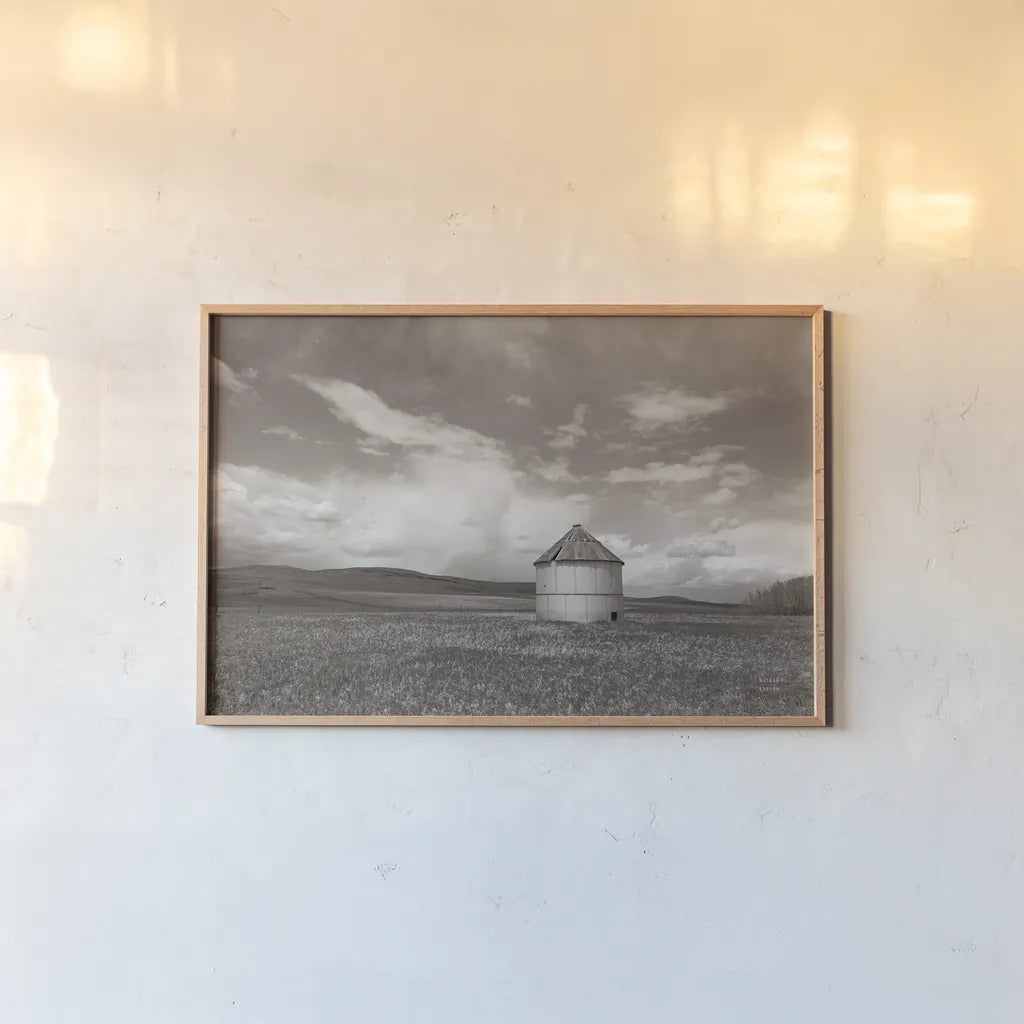Sunny Pastures BW by Nathan Larson. shown as a paper print in a natural frame. Available as a archival giclee rolled canvas, fine art paper, or poster print. SKU 84242i.