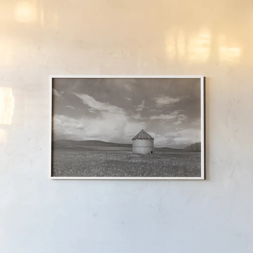 Sunny Pastures BW by Nathan Larson. shown as a paper print in a white frame. Available as a archival giclee rolled canvas, fine art paper, or poster print. SKU 84242i.