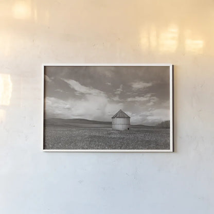 Sunny Pastures BW by Nathan Larson. shown as a paper print in a white frame. Available as a archival giclee rolled canvas, fine art paper, or poster print. SKU 84242i.