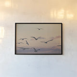 Sunset Flock by Nathan Larson. shown as a paper print in a black flame. Available as a archival giclee rolled canvas, fine art paper, or poster print. SKU 85269i.