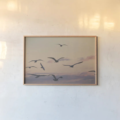 Sunset Flock by Nathan Larson. shown as a paper print in a natural frame. Available as a archival giclee rolled canvas, fine art paper, or poster print. SKU 85269i.