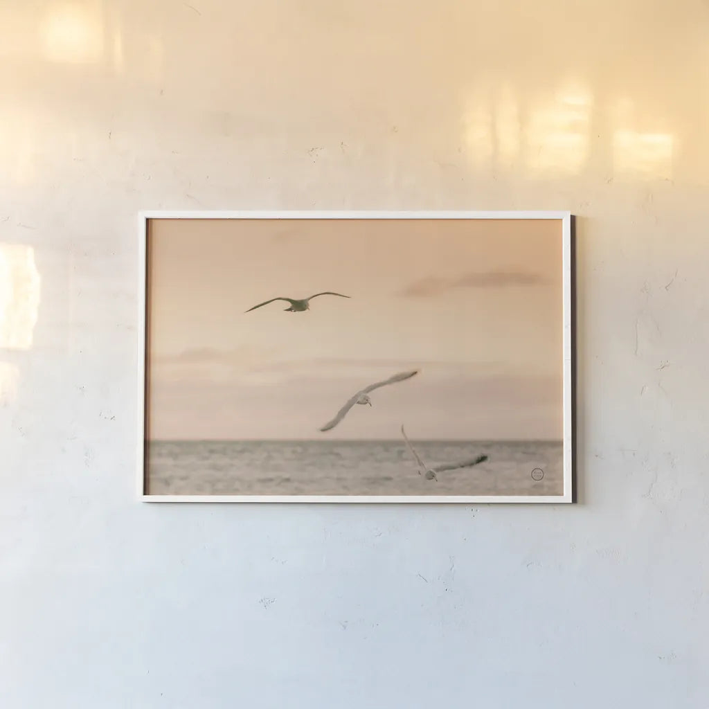 Sunset Flocks by Nathan Larson. shown as a paper print in a white frame. Available as a archival giclee rolled canvas, fine art paper, or poster print. SKU 72056i.