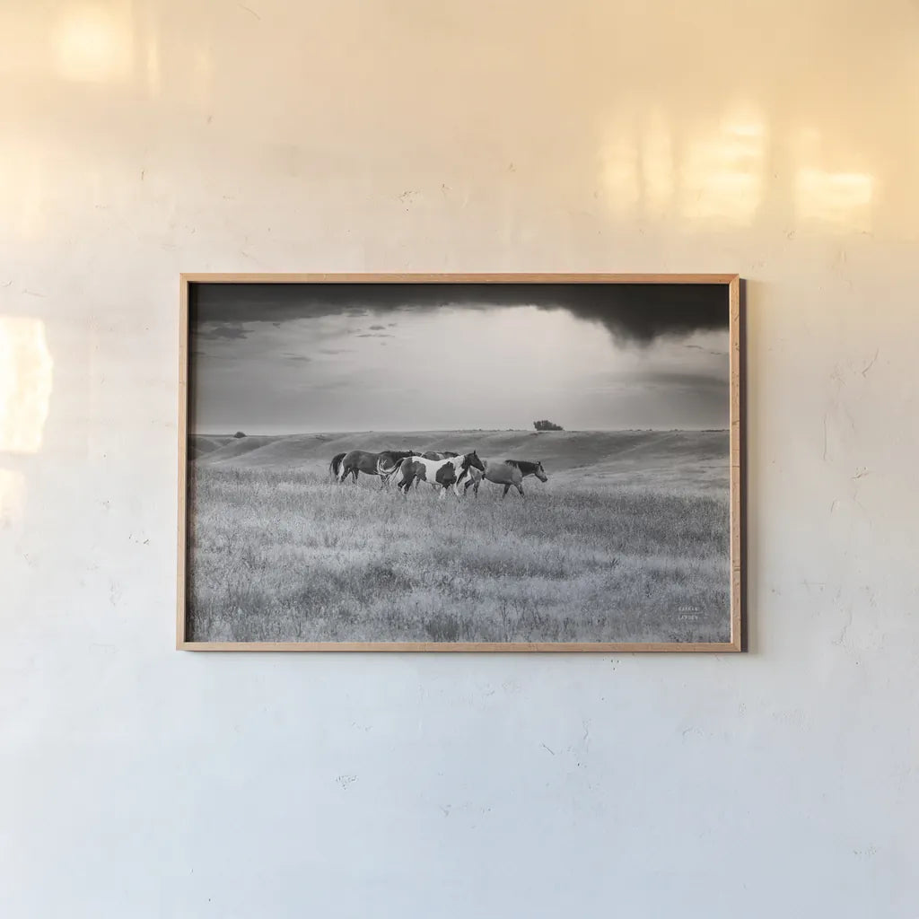 Sunset Rains by Nathan Larson. shown as a paper print in a natural frame. Available as a archival giclee rolled canvas, fine art paper, or poster print. SKU 82420i.