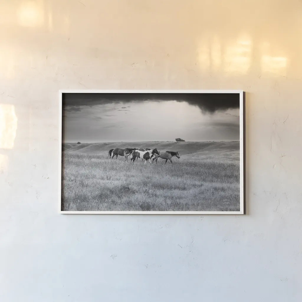 Sunset Rains by Nathan Larson. shown as a paper print in a white frame. Available as a archival giclee rolled canvas, fine art paper, or poster print. SKU 82420i.