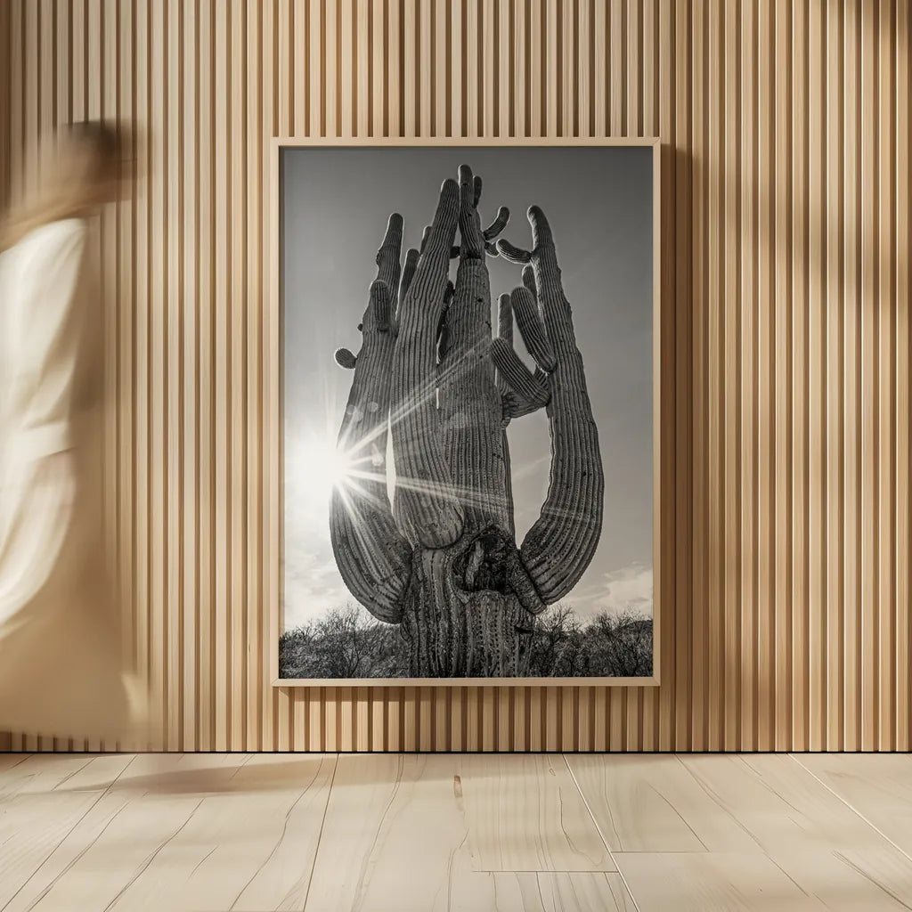 Sunset Saguaro by Nathan Larson. shown as over sized large wall art. Available as an archival giclee rolled canvas, fine art paper, or poster print. SKU 72030h.