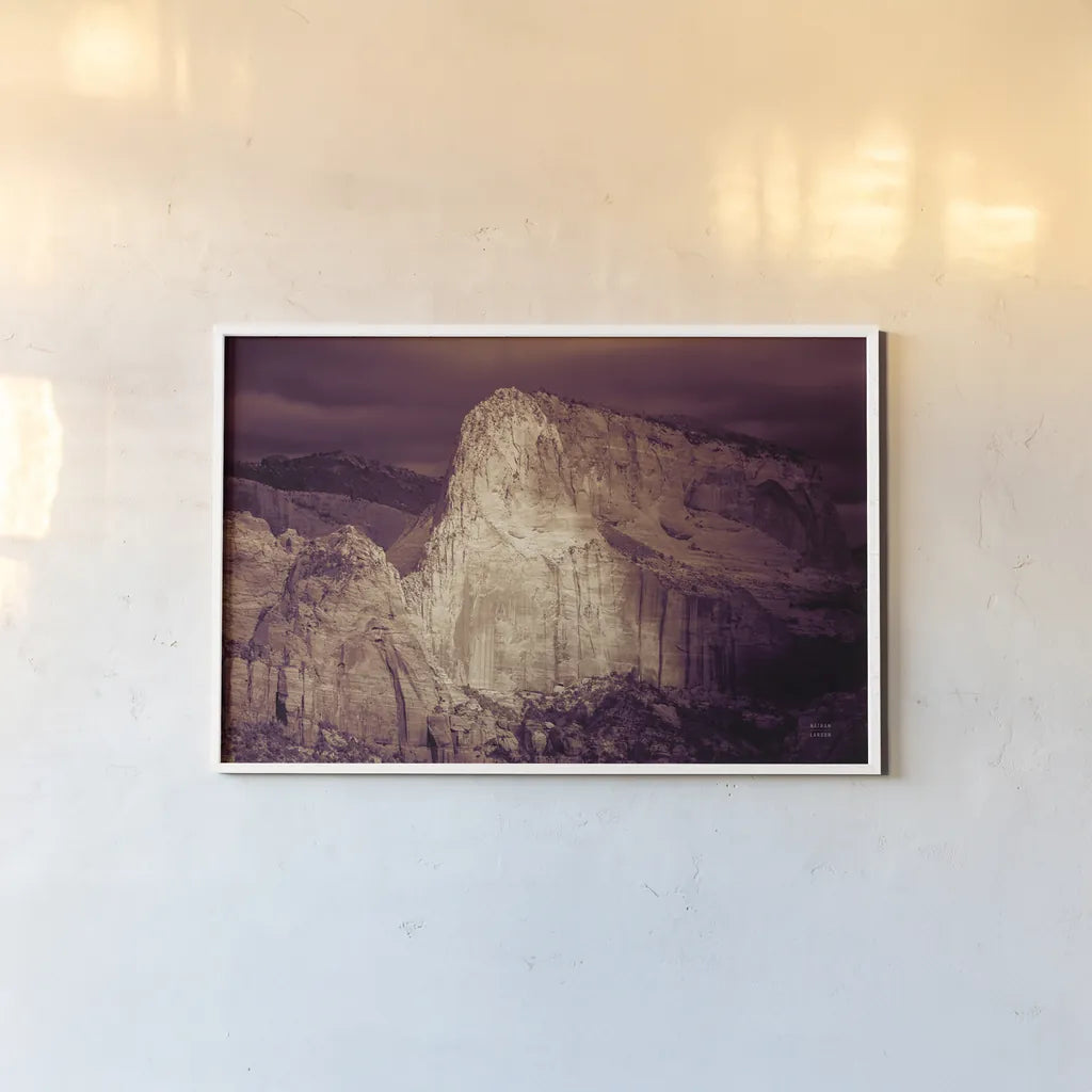 Sunset in Kolob by Nathan Larson. shown as a paper print in a white frame. Available as a archival giclee rolled canvas, fine art paper, or poster print. SKU 95337i.