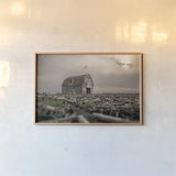 Sunset on Route 66 by Nathan Larson. shown as a paper print in a natural frame. Available as a archival giclee rolled canvas, fine art paper, or poster print. SKU 98506i.