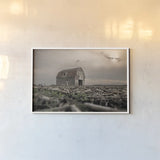 Sunset on Route 66 by Nathan Larson. shown as a paper print in a white frame. Available as a archival giclee rolled canvas, fine art paper, or poster print. SKU 98506i.