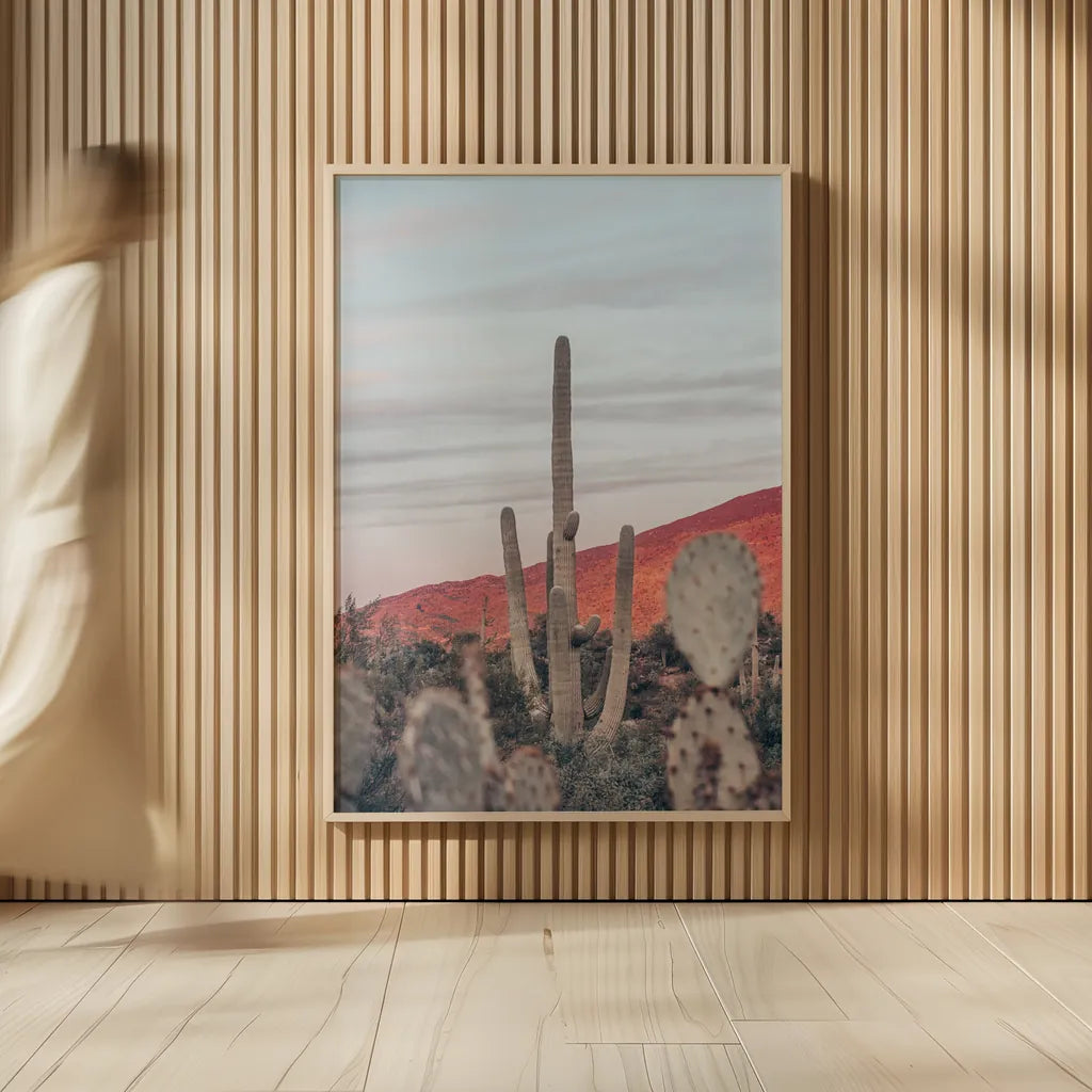 Sunsets and Saguaros II by Nathan Larson. shown as over sized large wall art. Available as an archival giclee rolled canvas, fine art paper, or poster print. SKU 76430h.