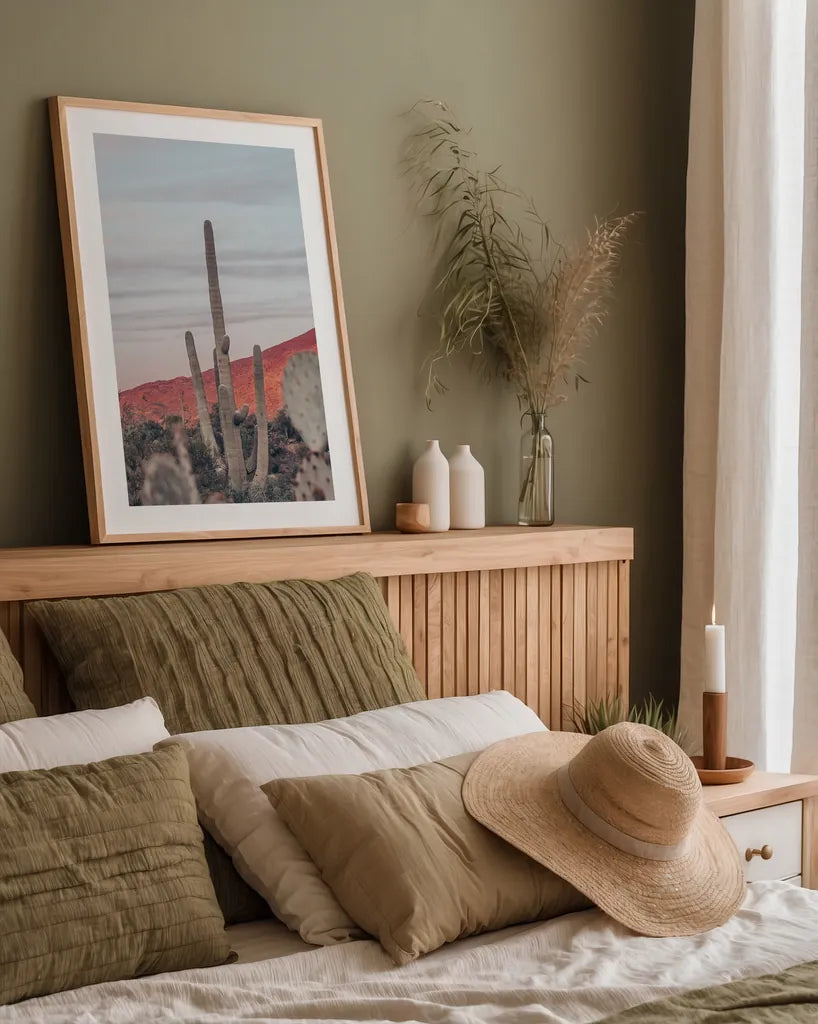 Sunsets and Saguaros II by Nathan Larson. shown as a paper print in a natural frame. Available as a archival giclee rolled canvas, fine art paper, or poster print. SKU 76430h.
