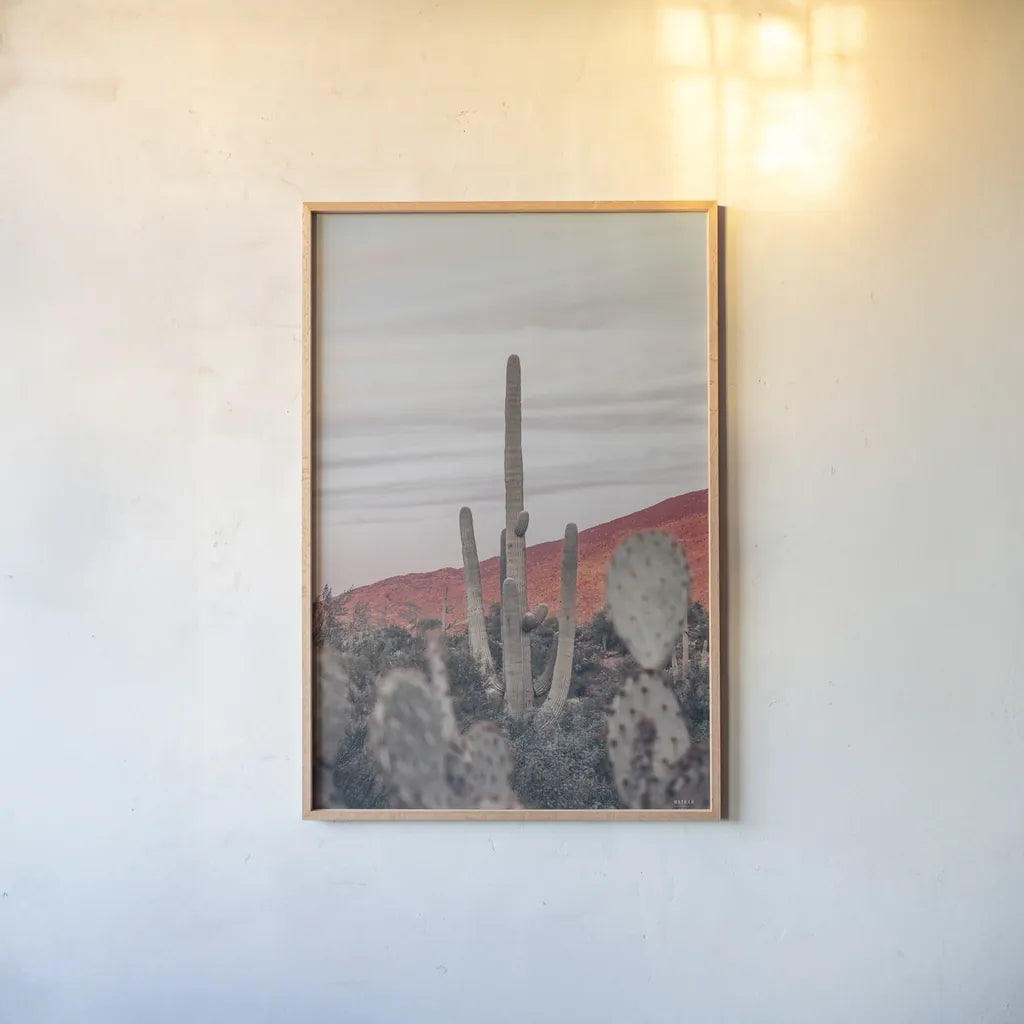 Sunsets and Saguaros II by Nathan Larson. shown as a paper print in a natural frame. Available as a archival giclee rolled canvas, fine art paper, or poster print. SKU 76430h.