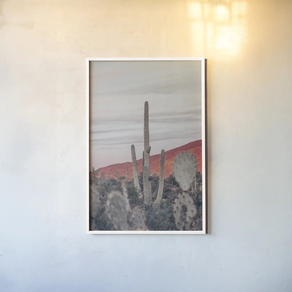 Sunsets and Saguaros II by Nathan Larson. shown as a paper print in a white frame. Available as a archival giclee rolled canvas, fine art paper, or poster print. SKU 76430h.