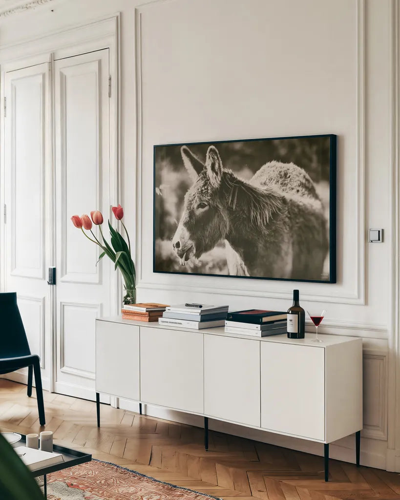 Sweet Donkey II Sepia by Nathan Larson. shown as a framed stretched canvas in a living room above a console. Available as a archival giclee rolled canvas, fine art paper, or poster print. SKU 99290i.