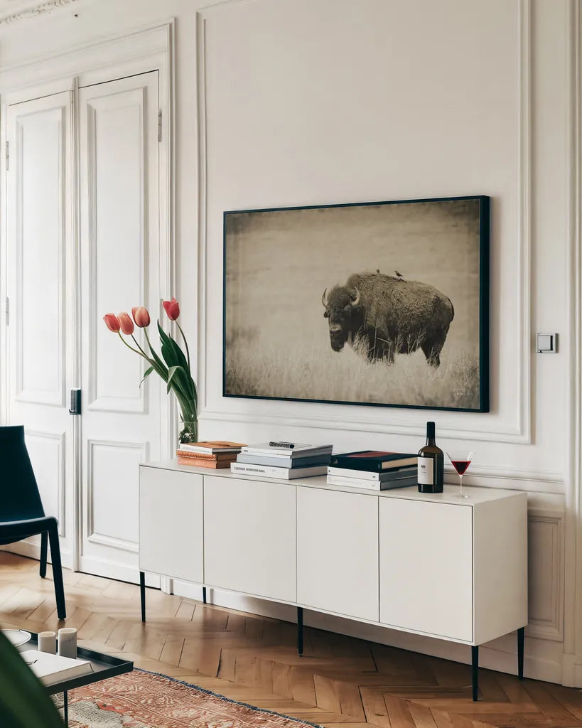 Tall Grass Bird Perch by Nathan Larson. shown as a framed stretched canvas in a living room above a console. Available as a archival giclee rolled canvas, fine art paper, or poster print. SKU 88237i.